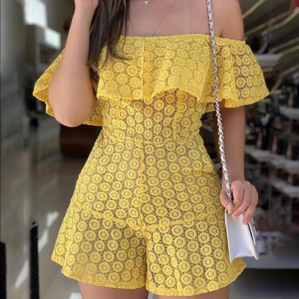 Off Shoulder Eyelet Embroidery Ruffles Romper